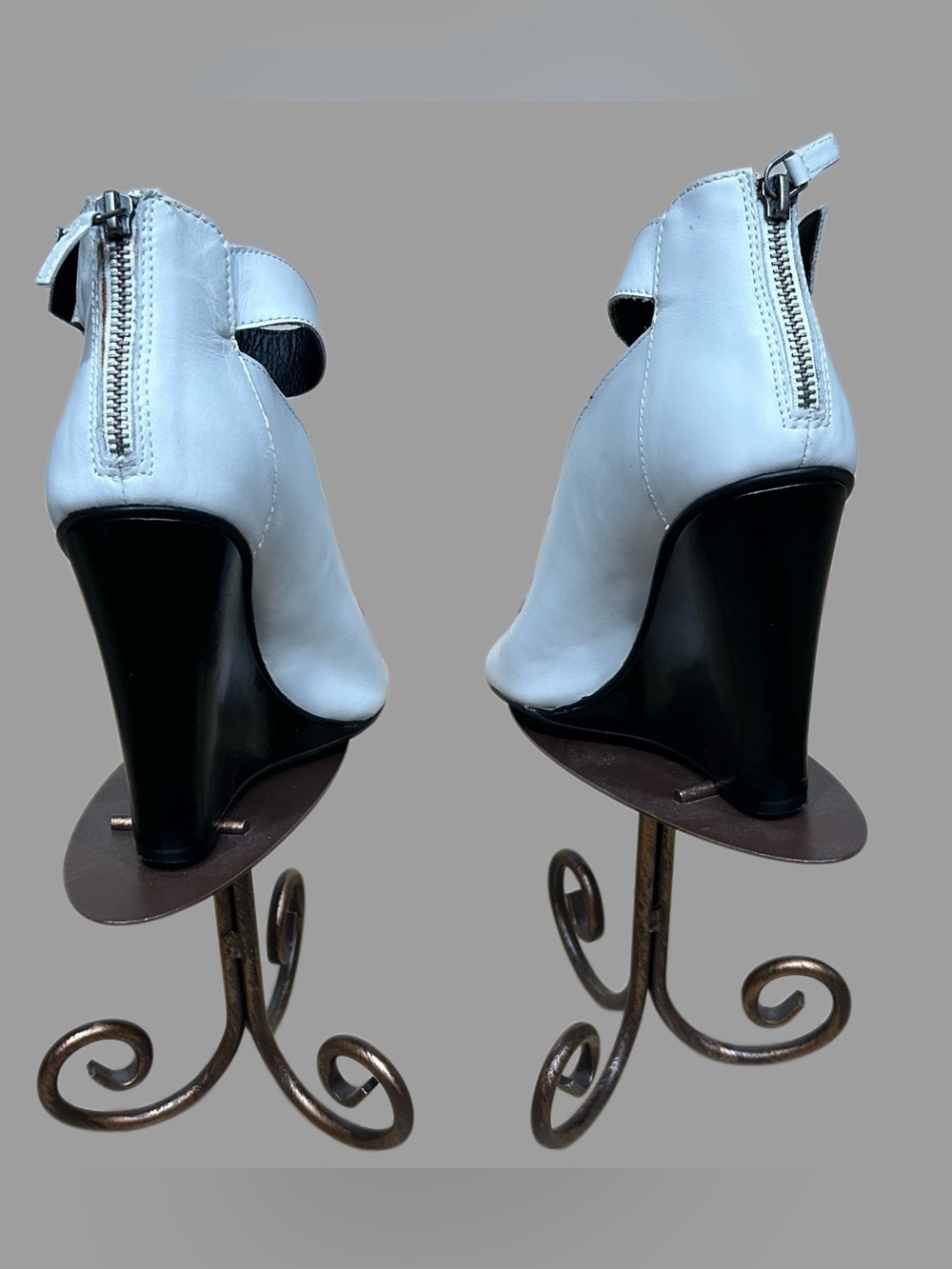 Trouve White and Black Leather Ankle-Strap Wedge Sandals - Picture 4 of 6